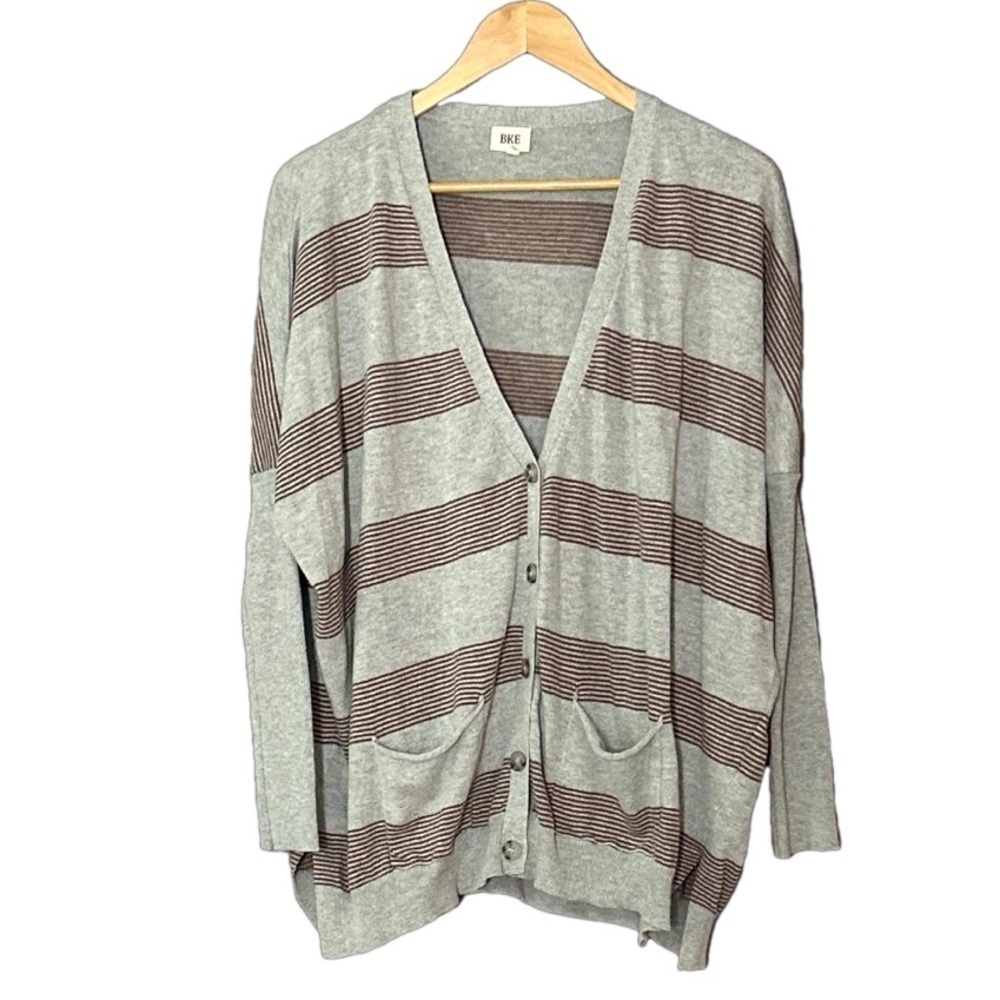 BKE grey and brown striped button down sweater / cardigan size S